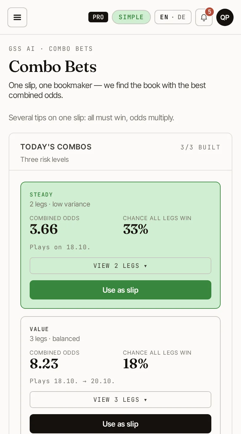 Combo bets: three risk levels with combined odds and hit chance