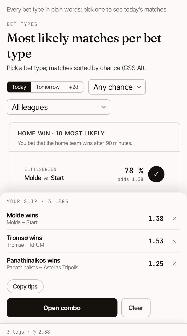 Bet types with the bet slip open: three tips, total odds and a Copy tips button