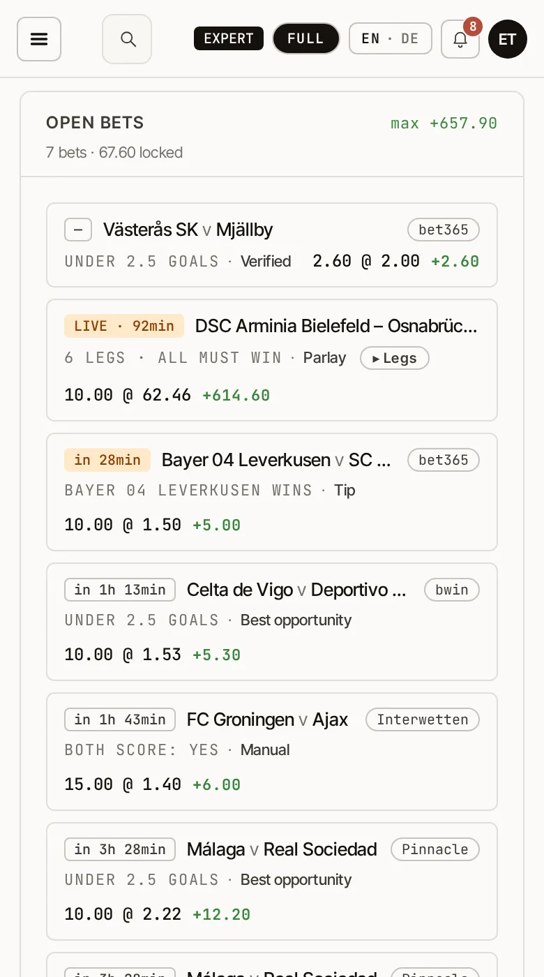 My Bets: open bets with stake, odds and potential profit